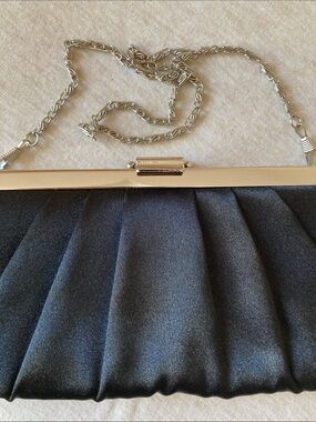 Jessica McClintock Black Satin Clutch with Silver Chain